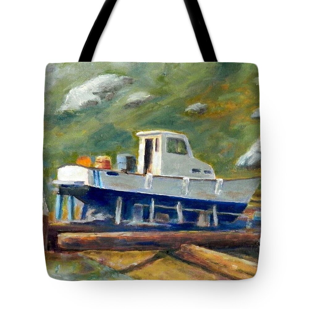 Boat Tote Bag featuring the painting Boatyard II by William Reed