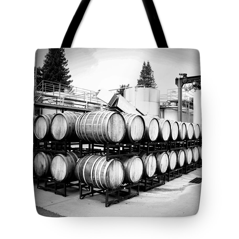 Bogle Tote Bag featuring the photograph Bogle Winery By The Barrel B And W by Joyce Dickens