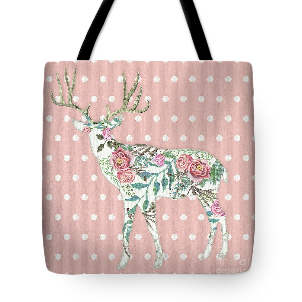 Boho Tote Bag featuring the painting BOHO Deer Silhouette Rose Floral Polka Dot by Audrey Jeanne Roberts