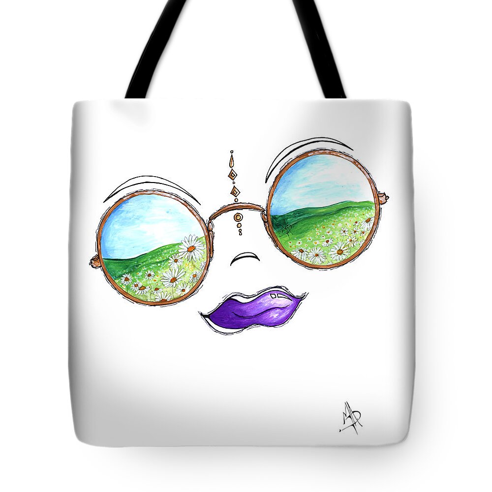 Boho Tote Bag featuring the painting Boho Gypsy Daisy Field Sunglasses Reflection Design from the Aroon Melane 2014 Collection by MADART by Megan Aroon