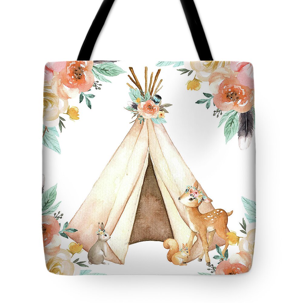 Teepee Tote Bag featuring the digital art Boho Teepee Deer Bunny Woodland Baby Nursery Pillow Wall Art Print by Pink Forest Cafe