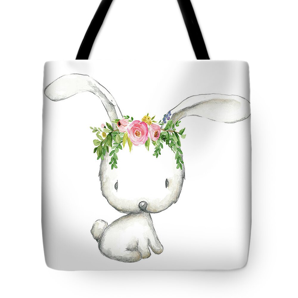 Woodland Tote Bag featuring the digital art Boho Woodland Bunny Floral Watercolor by Pink Forest Cafe