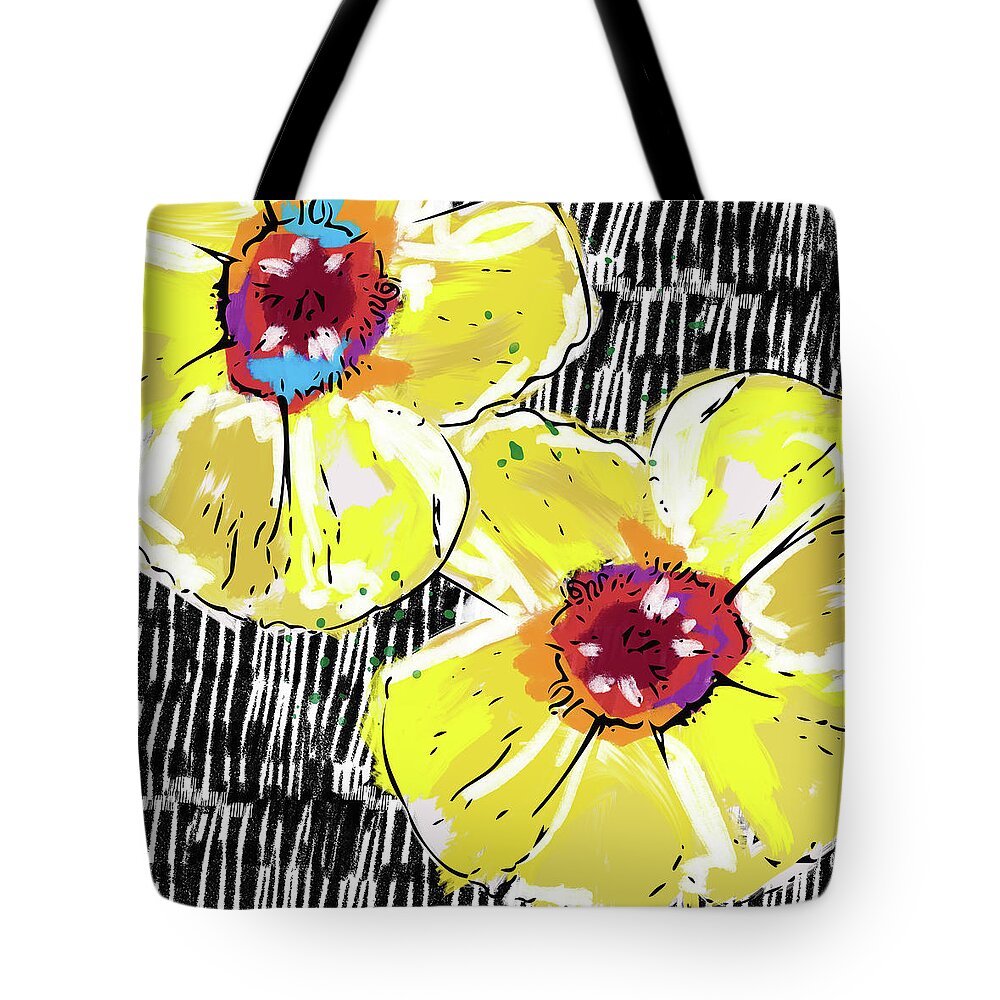 Flowers Tote Bag featuring the mixed media Bold Yellow Poppies- Art by Linda Woods by Linda Woods