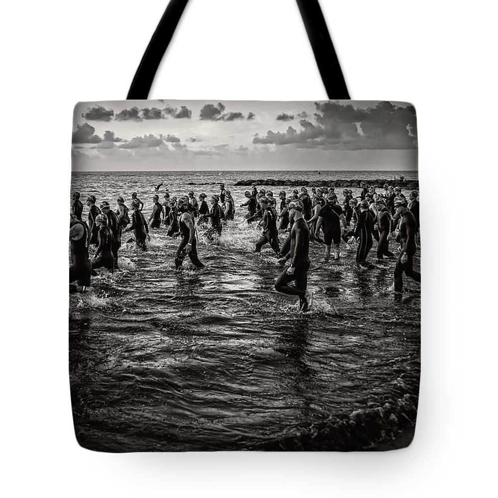 Landscape Tote Bag featuring the photograph Bone Island Triathletes by Joe Shrader