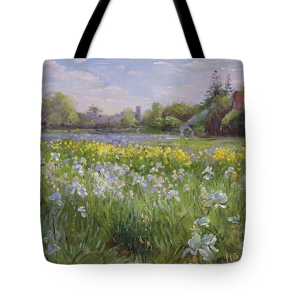Bonfire And Iris Field Tote Bag featuring the painting Bonfire and Iris Field by Timothy Easton