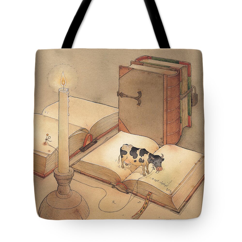 Science Books Cow Candle Reading Tote Bag featuring the painting Bookish Cow by Kestutis Kasparavicius