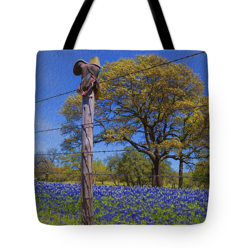 Bluebonnets Tote Bag featuring the photograph Boot and Blubonnets by Stephen Stookey