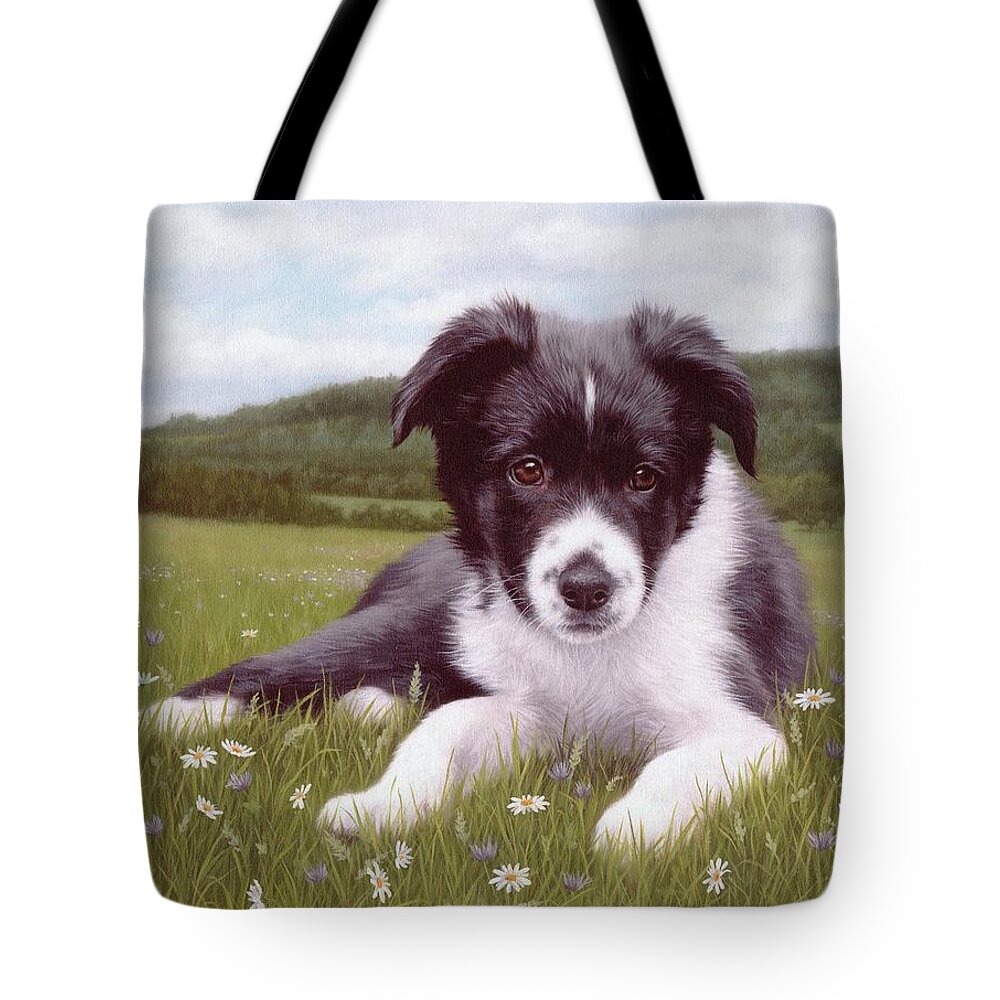 Dog Tote Bag featuring the painting Border Collie Puppy Painting by Rachel Stribbling