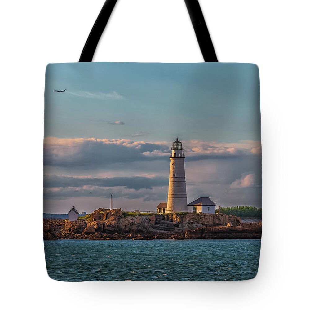 Boston Lighthouse Sunset Tote Bag featuring the photograph Boston Lighthouse Sunset by Brian MacLean