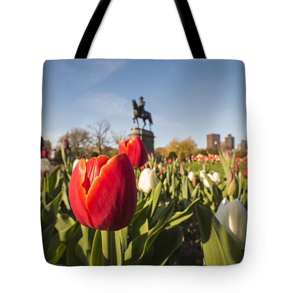 Boston Tote Bag featuring the photograph Boston Public Garden Tulips and George Washington Statue by Toby McGuire