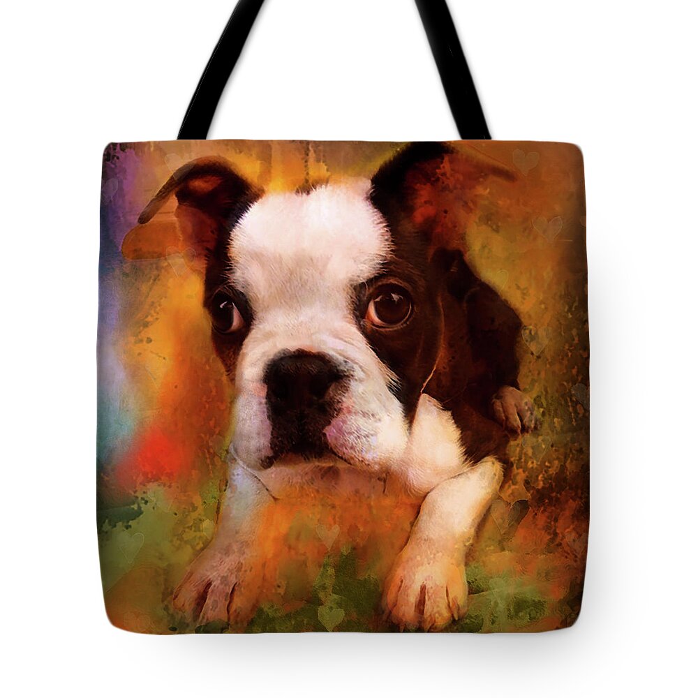 Boston Terrier Tote Bag featuring the digital art Boston puppy by Jeff Burgess