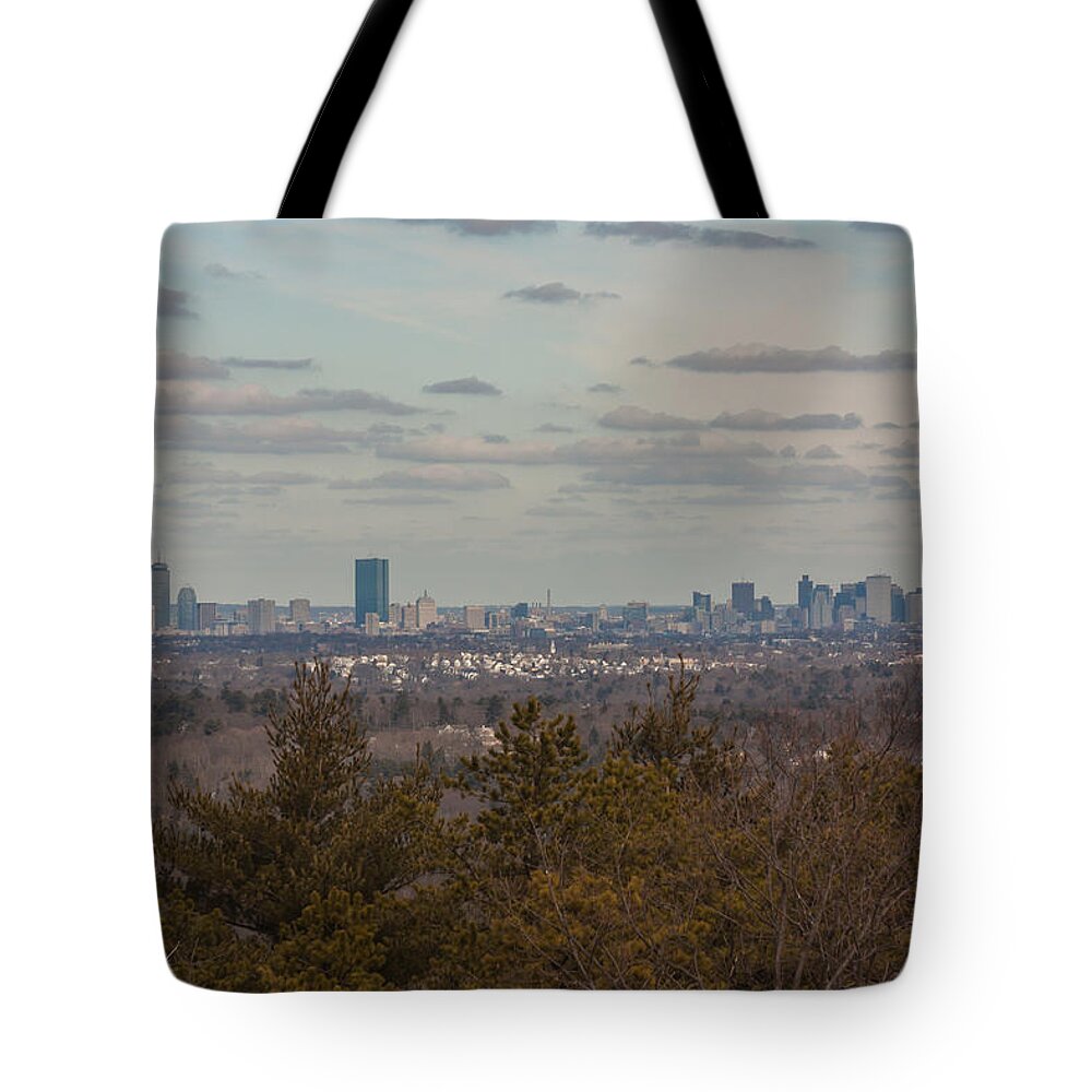Boston Skyline As Seen From The Summit Of Buck Hil Tote Bag featuring the photograph Boston Skyline as seen from the summit of Buck Hill by Brian MacLean