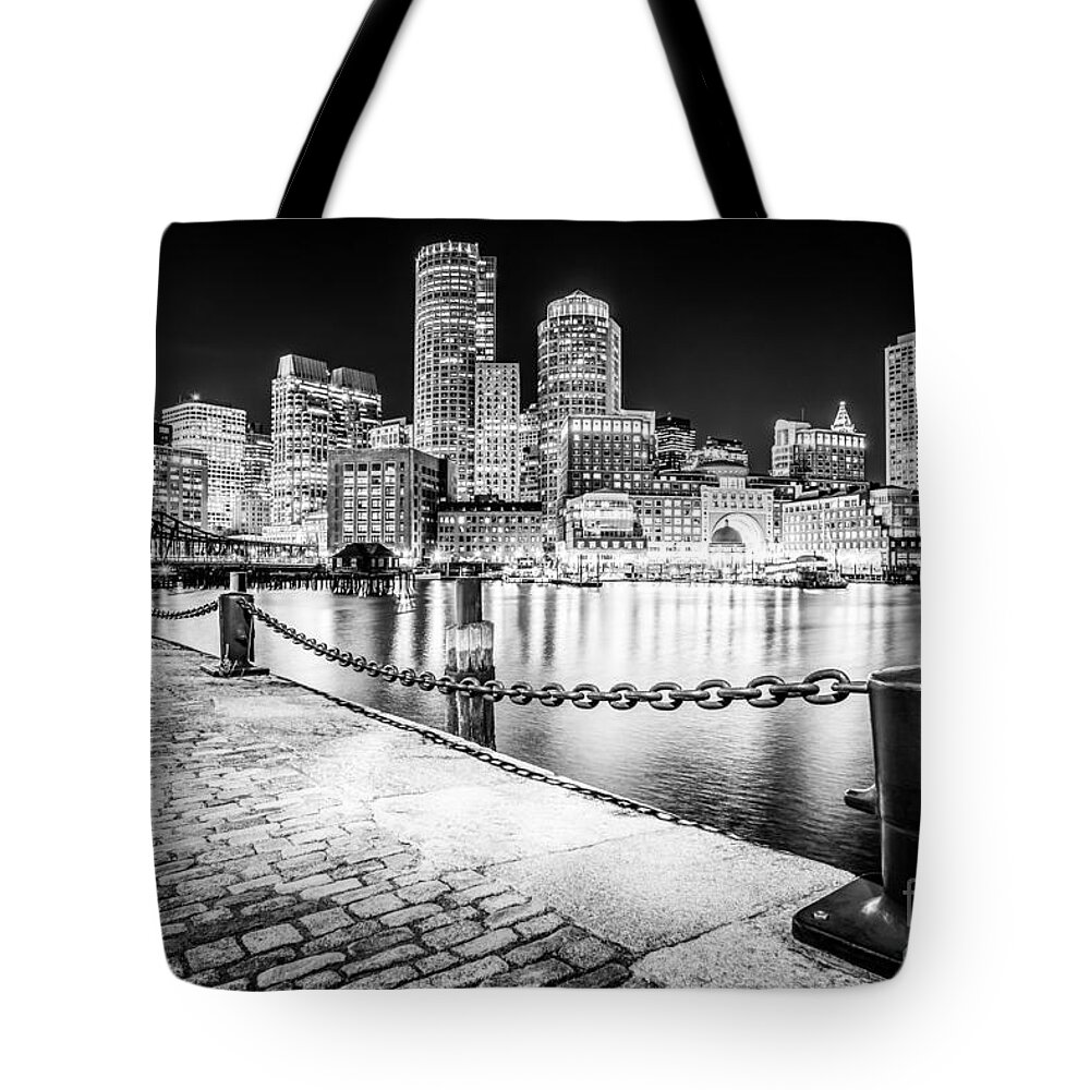 America Tote Bag featuring the photograph Boston Skyline at Night Black and White Picture by Paul Velgos