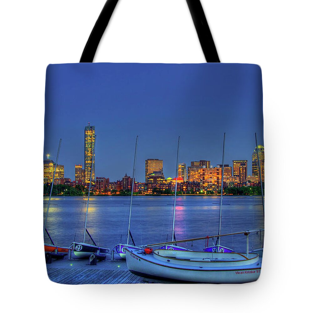 Boston Skyline Tote Bag featuring the photograph Boston Skyline at the MIT Sailing Pavilion by Joann Vitali