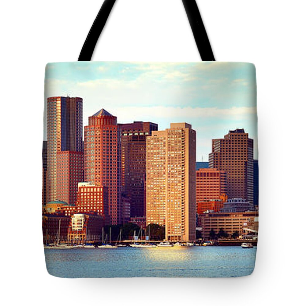 Boston Skyline Morning Tote Bag featuring the photograph Boston Skyline in Early Morning Panorama Harbor by Jon Holiday