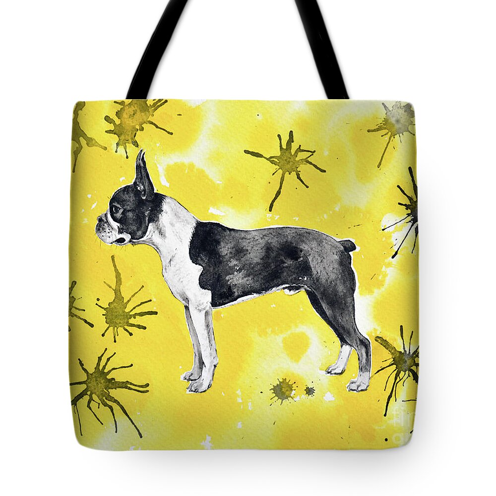 Boston Terrier Tote Bag featuring the painting Boston Terrier on Yellow by Zaira Dzhaubaeva