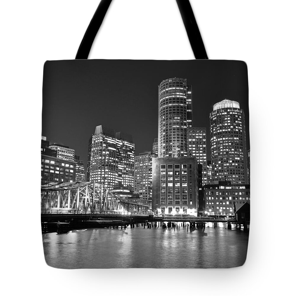 Prudential Tote Bag featuring the photograph Boston Waterfront Black and White by Toby McGuire