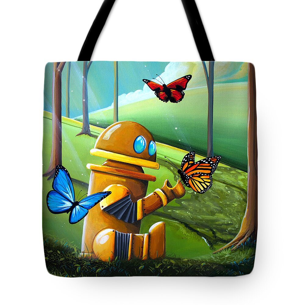 Robot Tote Bag featuring the painting Bot And The Butterflies by Cindy Thornton