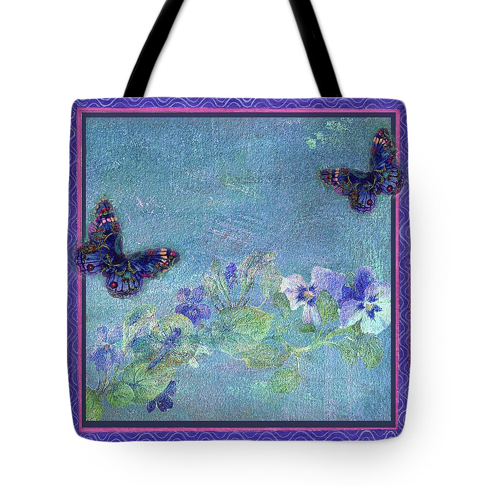 Illustrated Pansy Tote Bag featuring the painting Botanical and Colorful Butterflies by Judith Cheng