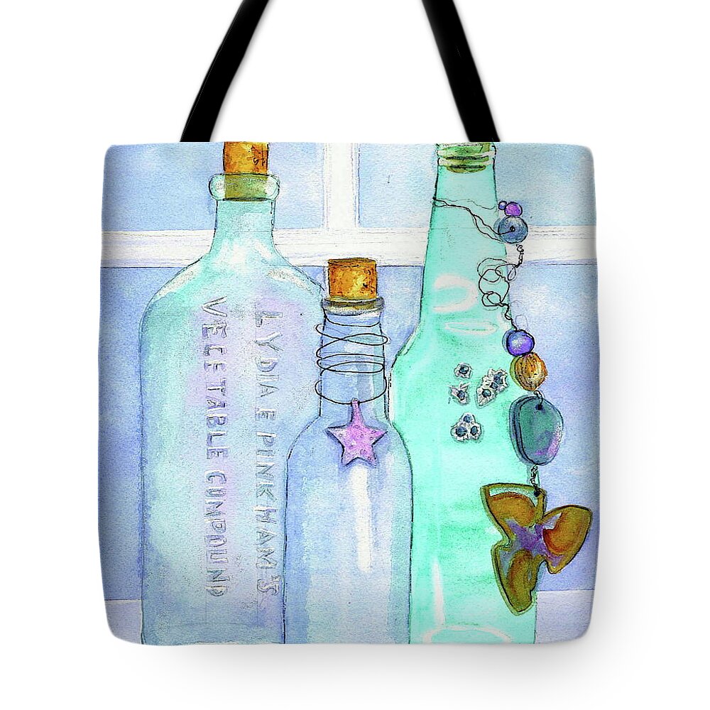 Bottles Tote Bag featuring the painting Bottles with Barnacles by Midge Pippel