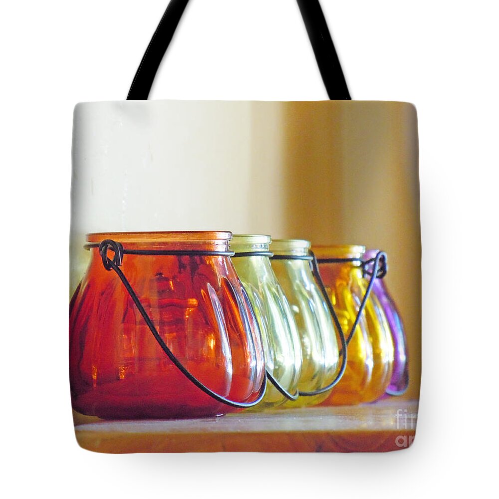 Bottles Tote Bag featuring the photograph Bottles with Hoops on Shelf, Brown, Yellow, Green, Orange, and Purple by David Frederick