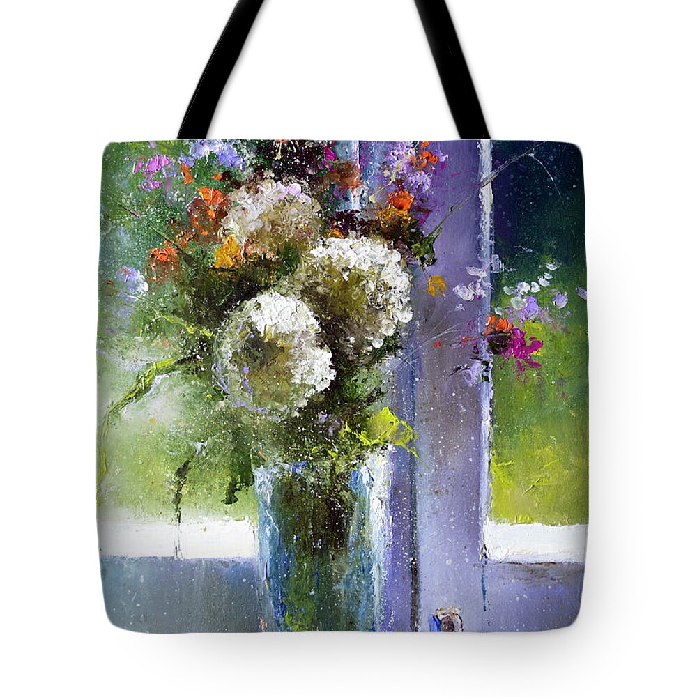 Russian Artists New Wave Tote Bag featuring the painting Bouquet at Window by Igor Medvedev