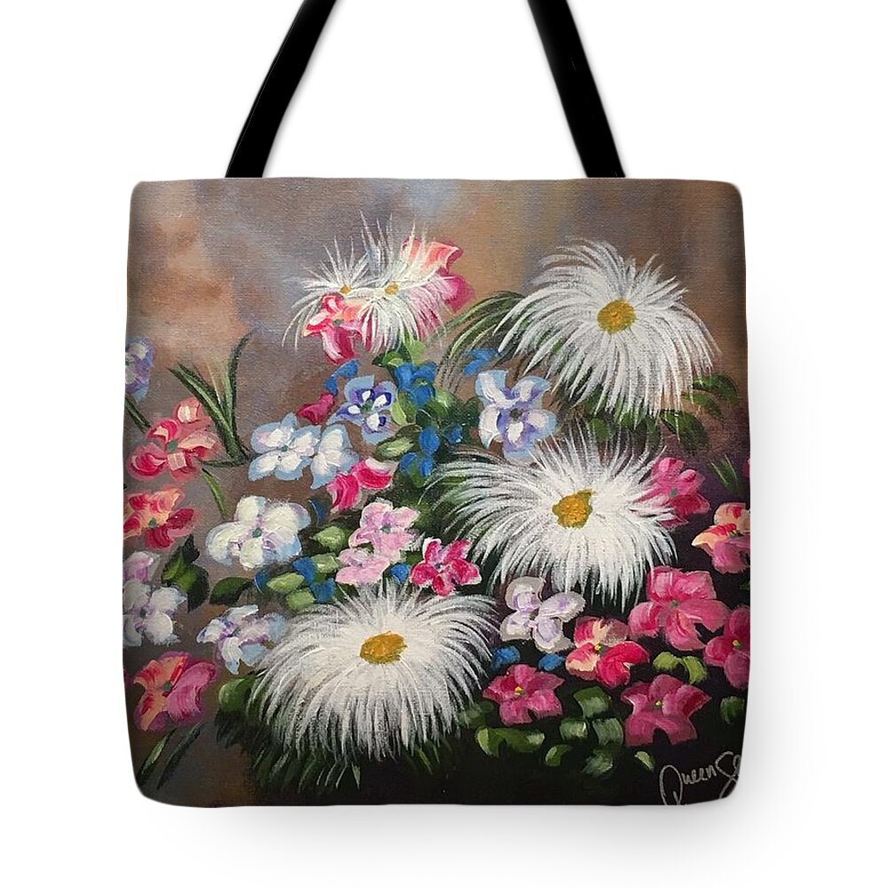 Bouquet Tote Bag featuring the painting Bouquet of Color by Queen Gardner