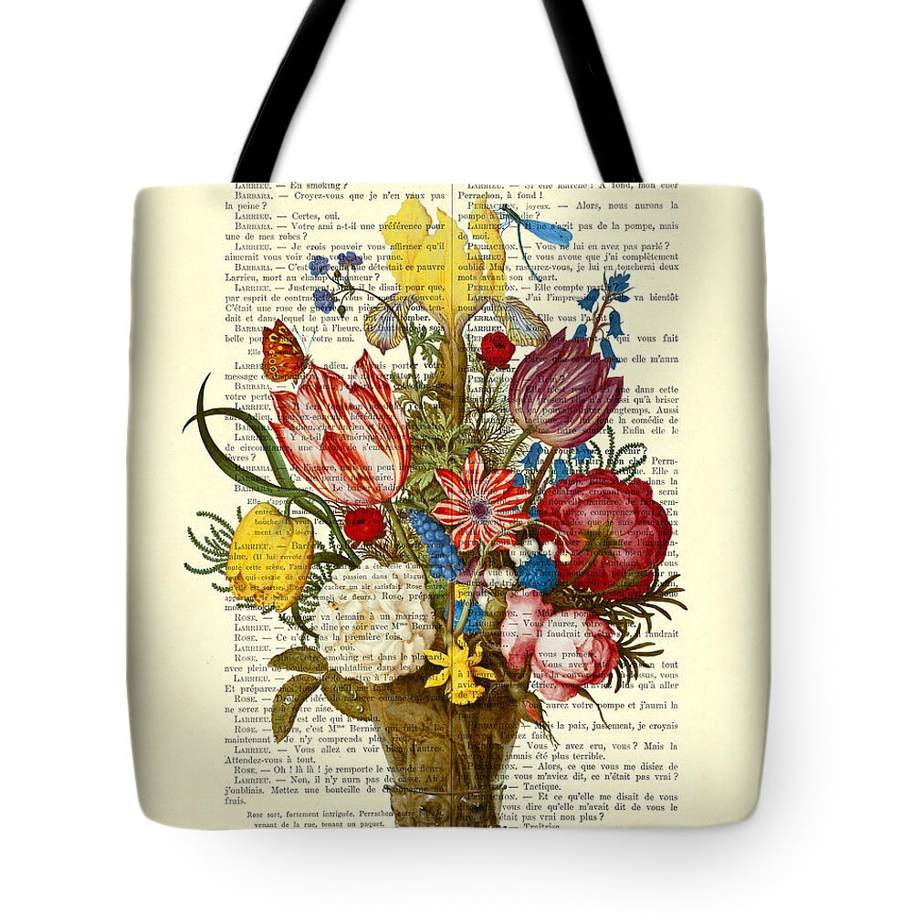 Bouquet of flowers on dictionary paper Tote Bag by Madame Memento - Pixels