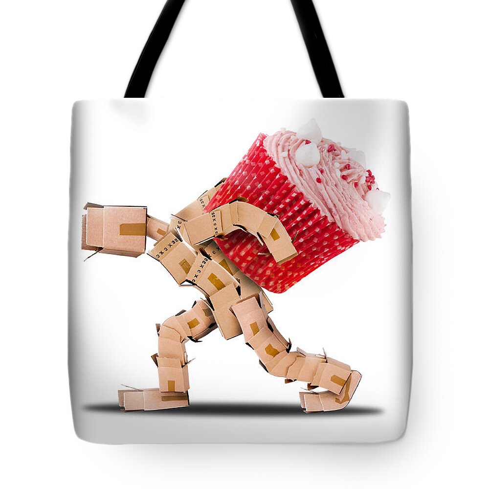 Cake Tote Bag featuring the digital art Box character carrying a massive cupcake by Simon Bratt