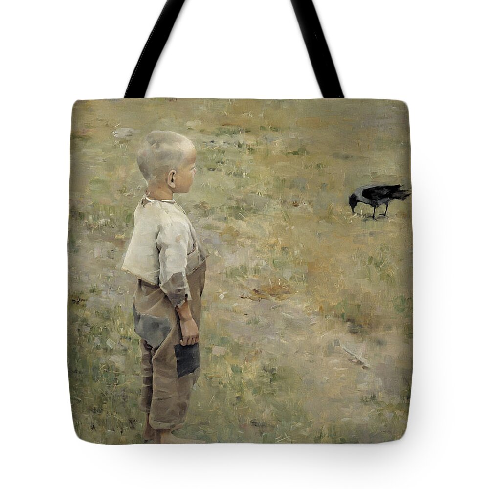 Akseli Gallen-kallela Tote Bag featuring the painting Boy and Crow by Celestial Images