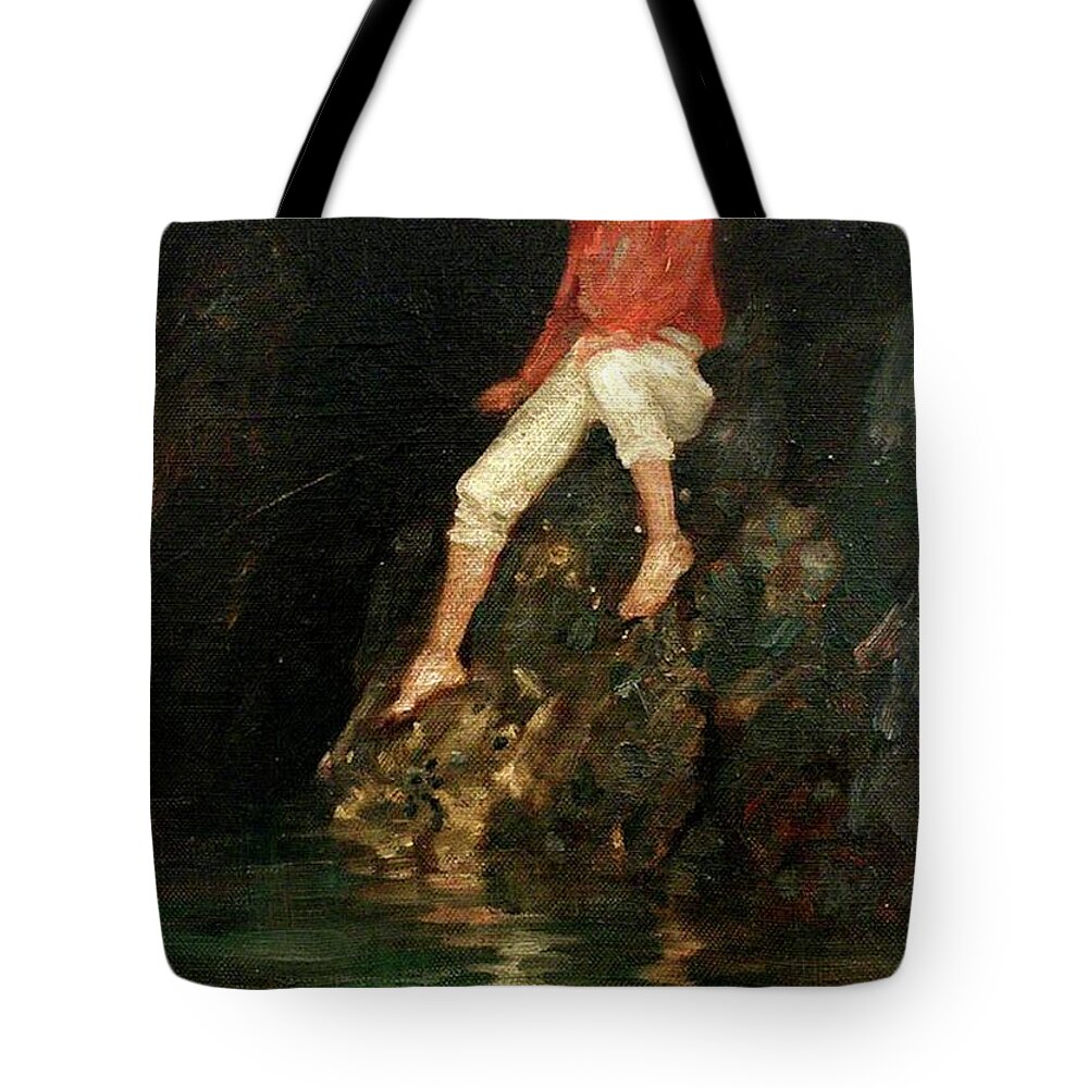 English Tote Bag featuring the painting Boy Fishing on Rocks by Henry Scott Tuke