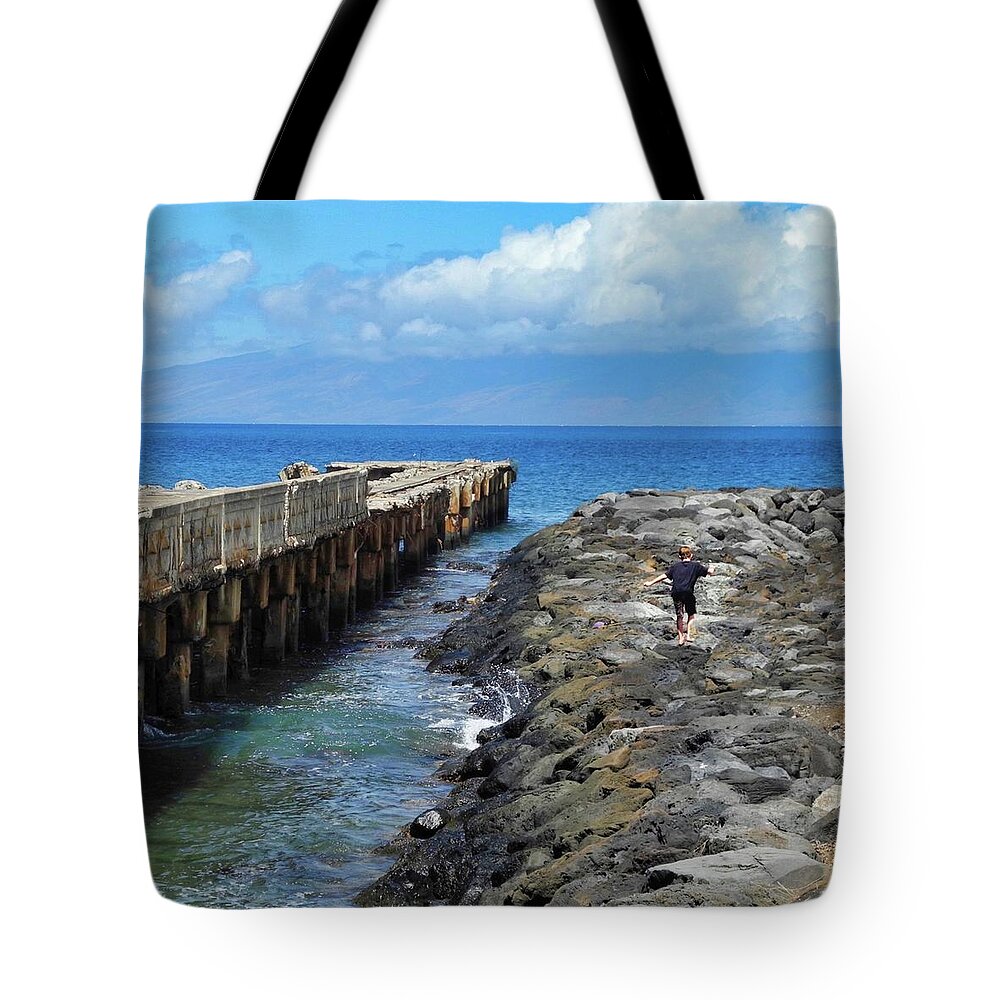 Mala Pier Tote Bag featuring the photograph Boy Running on the Breakwater by Kirsten Giving