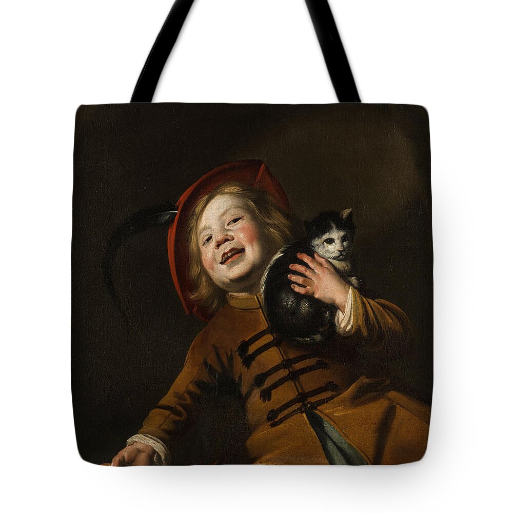 Boy With A Cat Tote Bag featuring the painting Boy with a cat by Judith Leyster