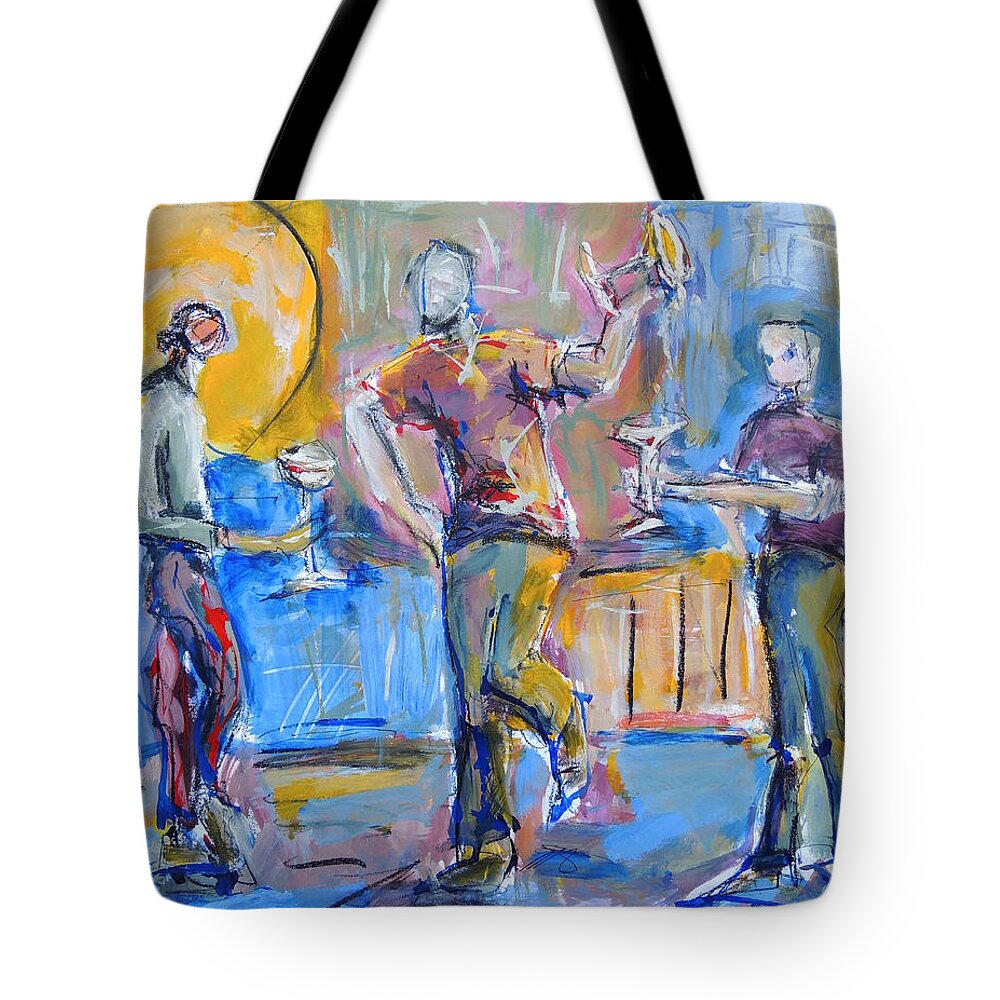 Schiros Tote Bag featuring the painting Boys Night Out by Mary Schiros