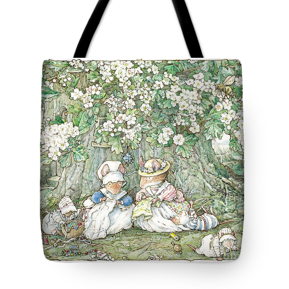 Brambly Hedge Tote Bag featuring the drawing Brambly Hedge - Hawthorn blossom and babies by Brambly Hedge
