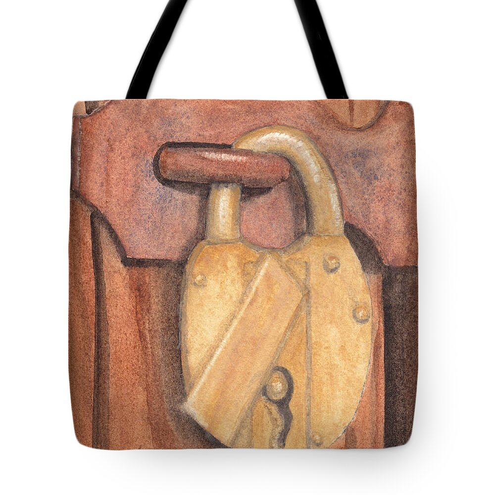 Brass Tote Bag featuring the painting Brass Lock on Wooden Door by Ken Powers