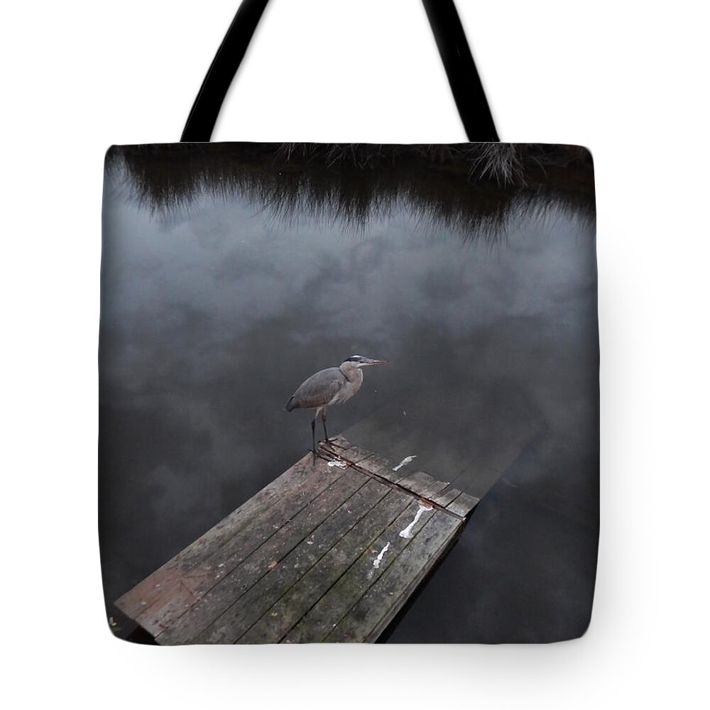  At Twilight A Heron Rests On The Float An Alligator Usually Occupies.clouds Reflect In The Water Of A Baoyu Near The Ocean On Florida's Gulf Coast. Tote Bag featuring the photograph Brave Heron by Priscilla Batzell Expressionist Art Studio Gallery