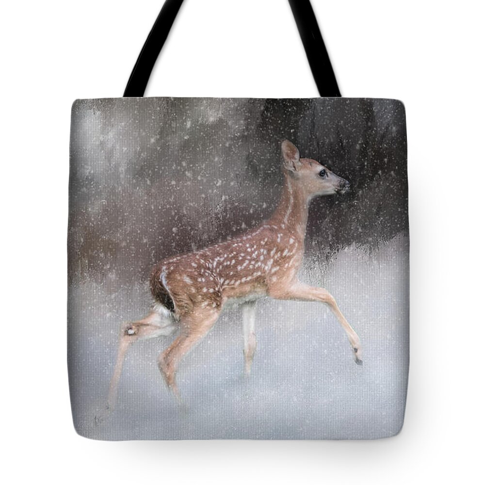 Jai Johnson Tote Bag featuring the photograph Braving Her First Snow - Whitetail Deer Fawn Art by Jai Johnson by Jai Johnson