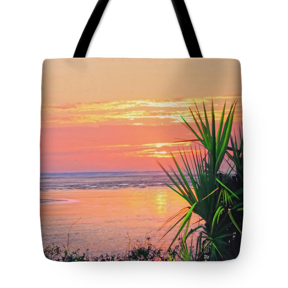Sunrise Tote Bag featuring the painting Breach inlet sunrise palmetto by Virginia Bond