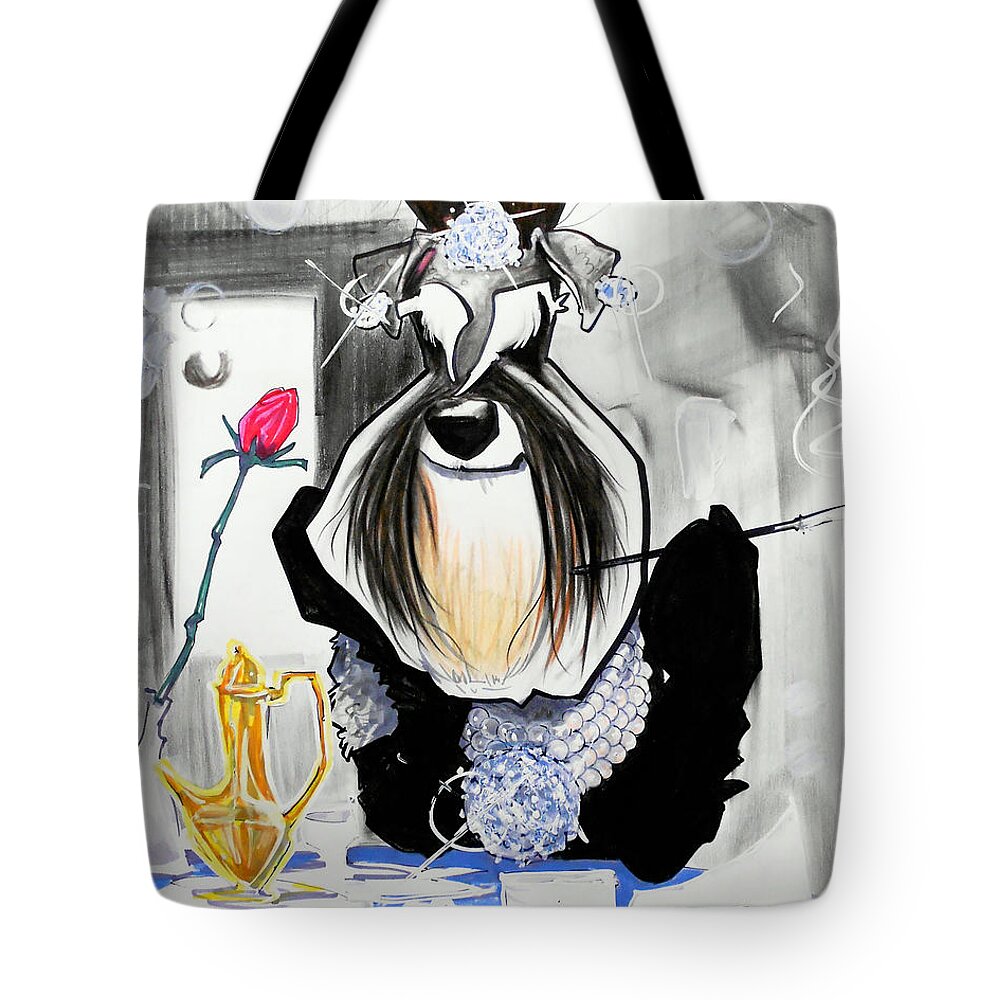 Dog Caricature Tote Bag featuring the drawing Breakfast At Tiffany's Schnauzer Caricature by John LaFree