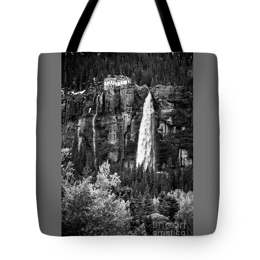 Bridal Veil Falls Tote Bag featuring the photograph Bridal Veil Falls in BW by Imagery by Charly