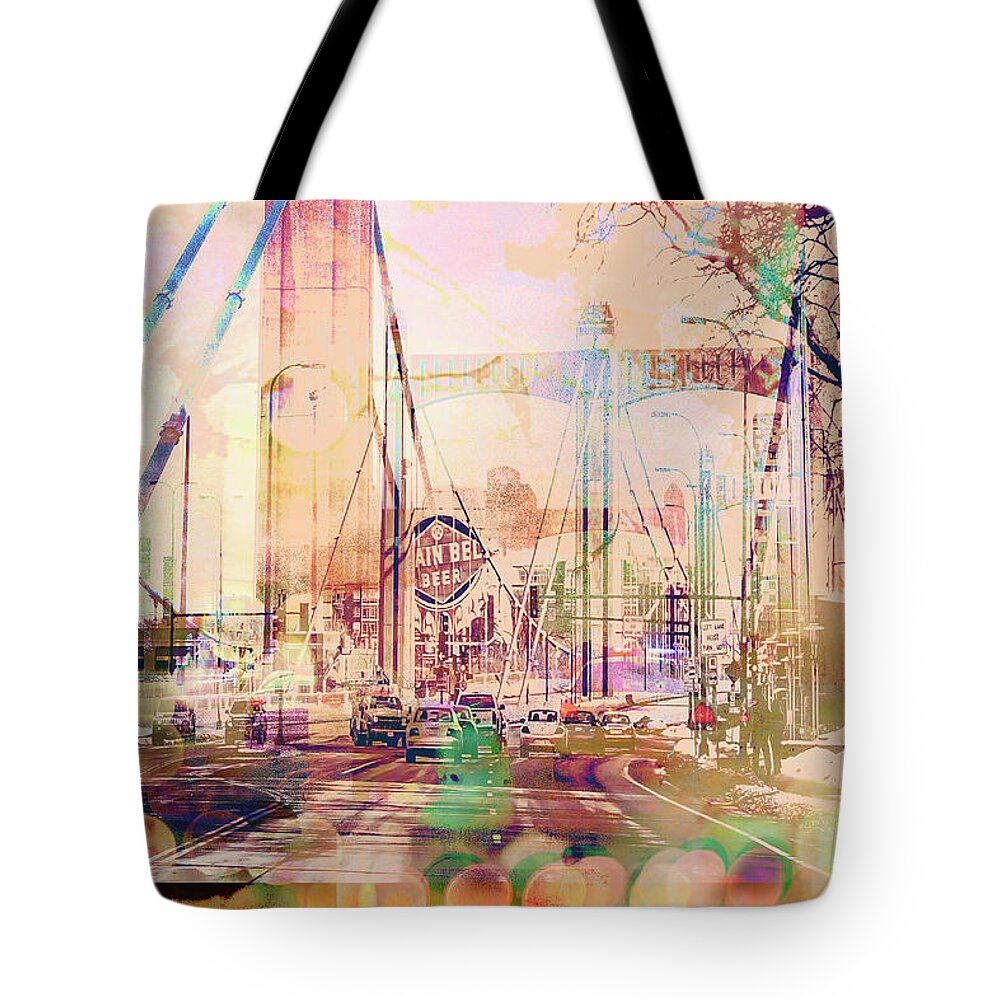 Abstract Bridge Art Tote Bag featuring the photograph Bridge and Grain Belt Beer Sign by Susan Stone