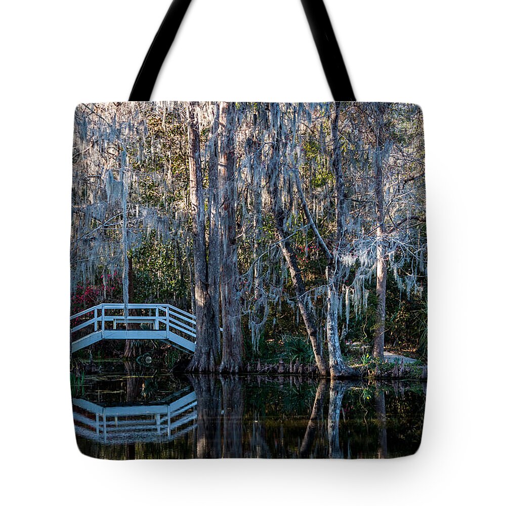 Magnolia Tote Bag featuring the photograph Bridge and Statue at Magnolia Plantation Gardens by Susie Weaver