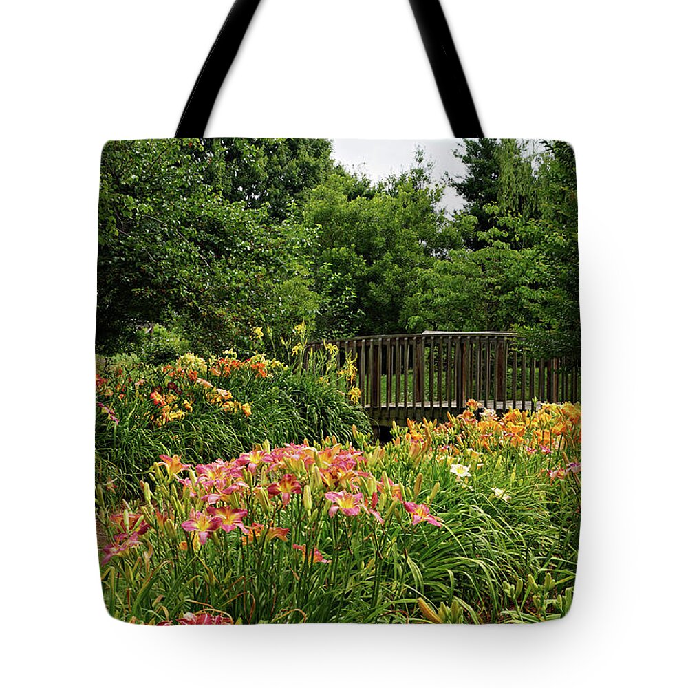 Bridge Tote Bag featuring the photograph Bridge in Daylily Garden by Sandy Keeton