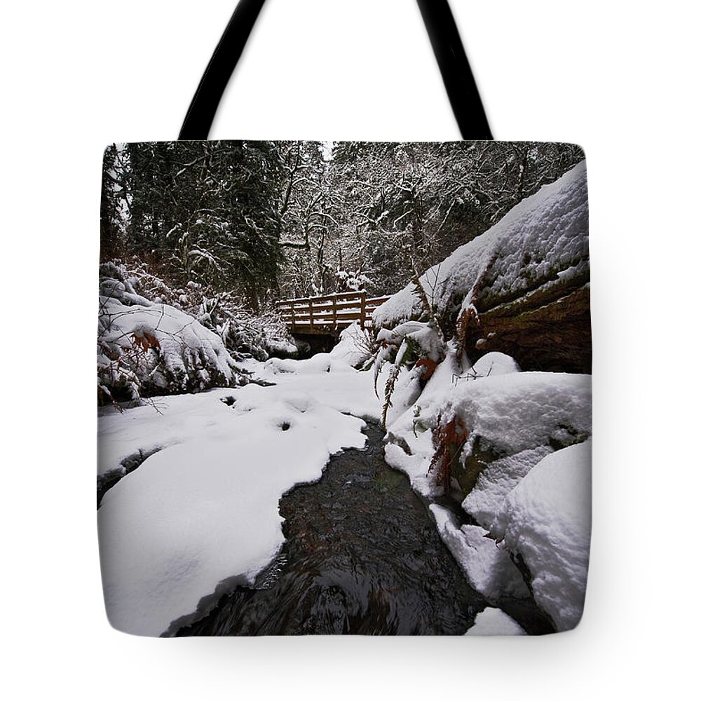 Water Tote Bag featuring the photograph Bridge in Winter by John Christopher