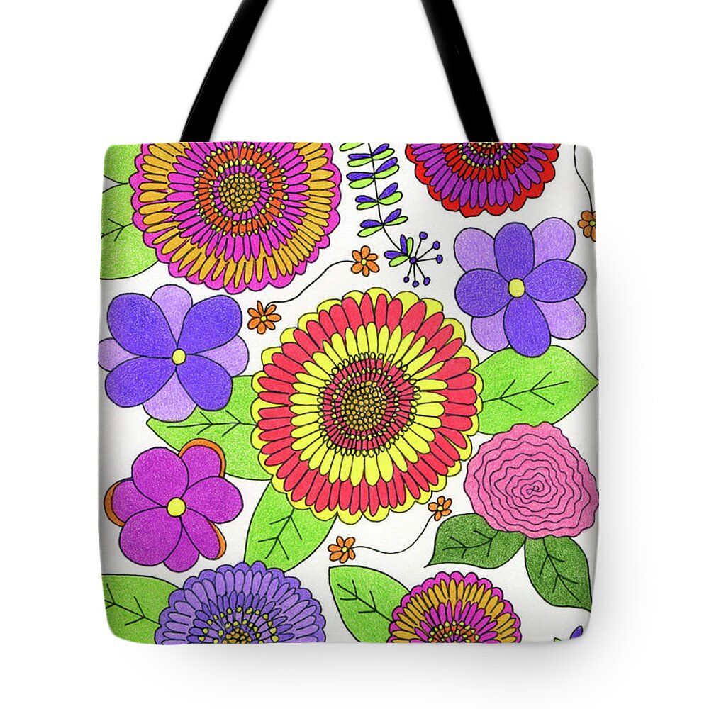Colorful Flowers Tote Bag featuring the drawing Bright and Cheery Flowers by Lisa Blake