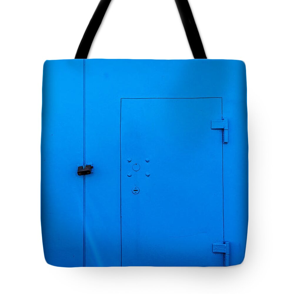Bar Tote Bag featuring the photograph Bright Blue Locked Door and Padlock by John Williams