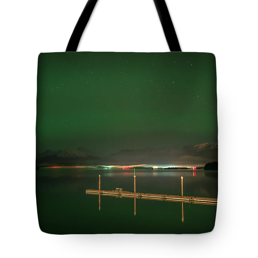 Northern Lights Tote Bag featuring the photograph Bright Dock, Dim Lights by David Kirby