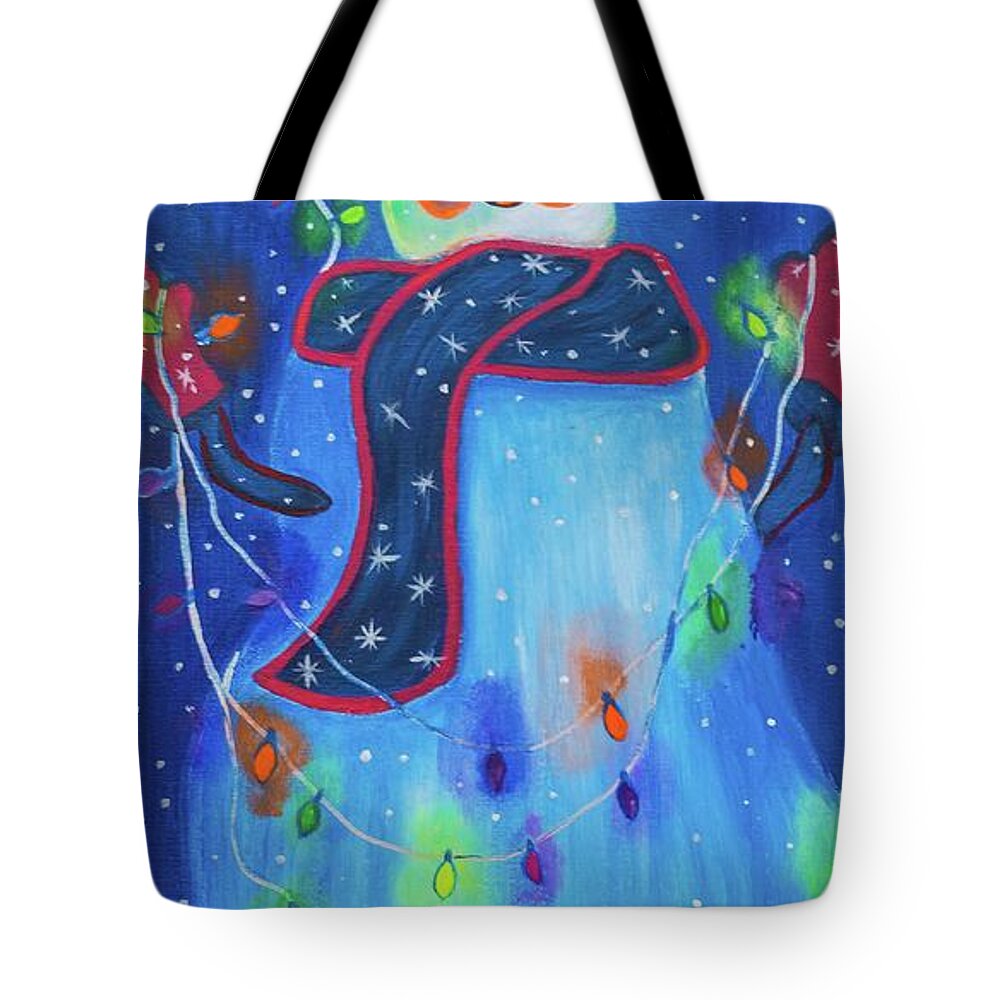 Snowman Tote Bag featuring the painting Bright Light Snowman by Neslihan Ergul Colley