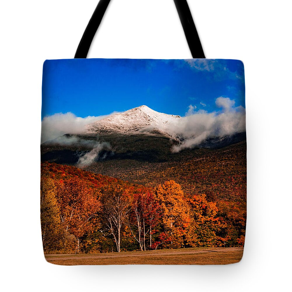 New England Fall Colors Tote Bag featuring the photograph Bright morning fall foliage at the foot of Mount Washington by Jeff Folger